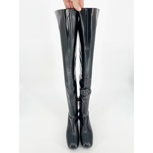 Prada Black Stretch Leather Padded Logo Over the Knee 70mm Platform Boot IT 37 - Picture 8 of 16